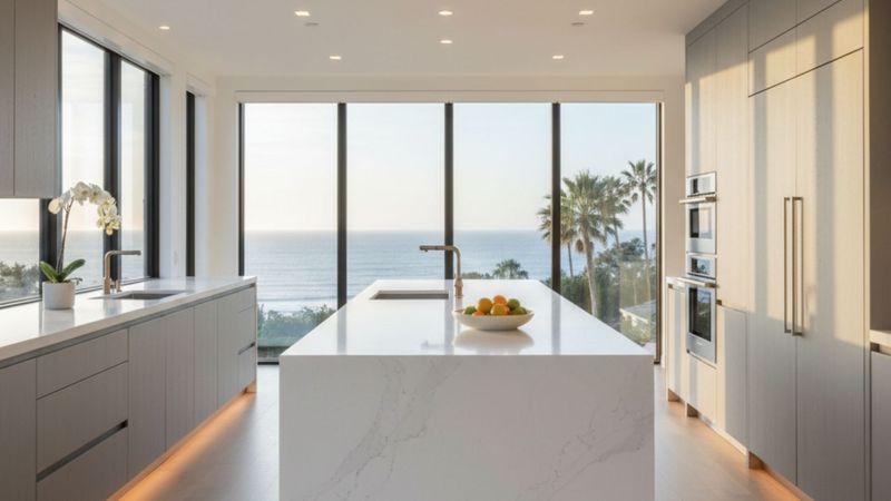 A modern luxury kitchen with a large island and quartz countertops designed by Lunasol Construction in San Diego.