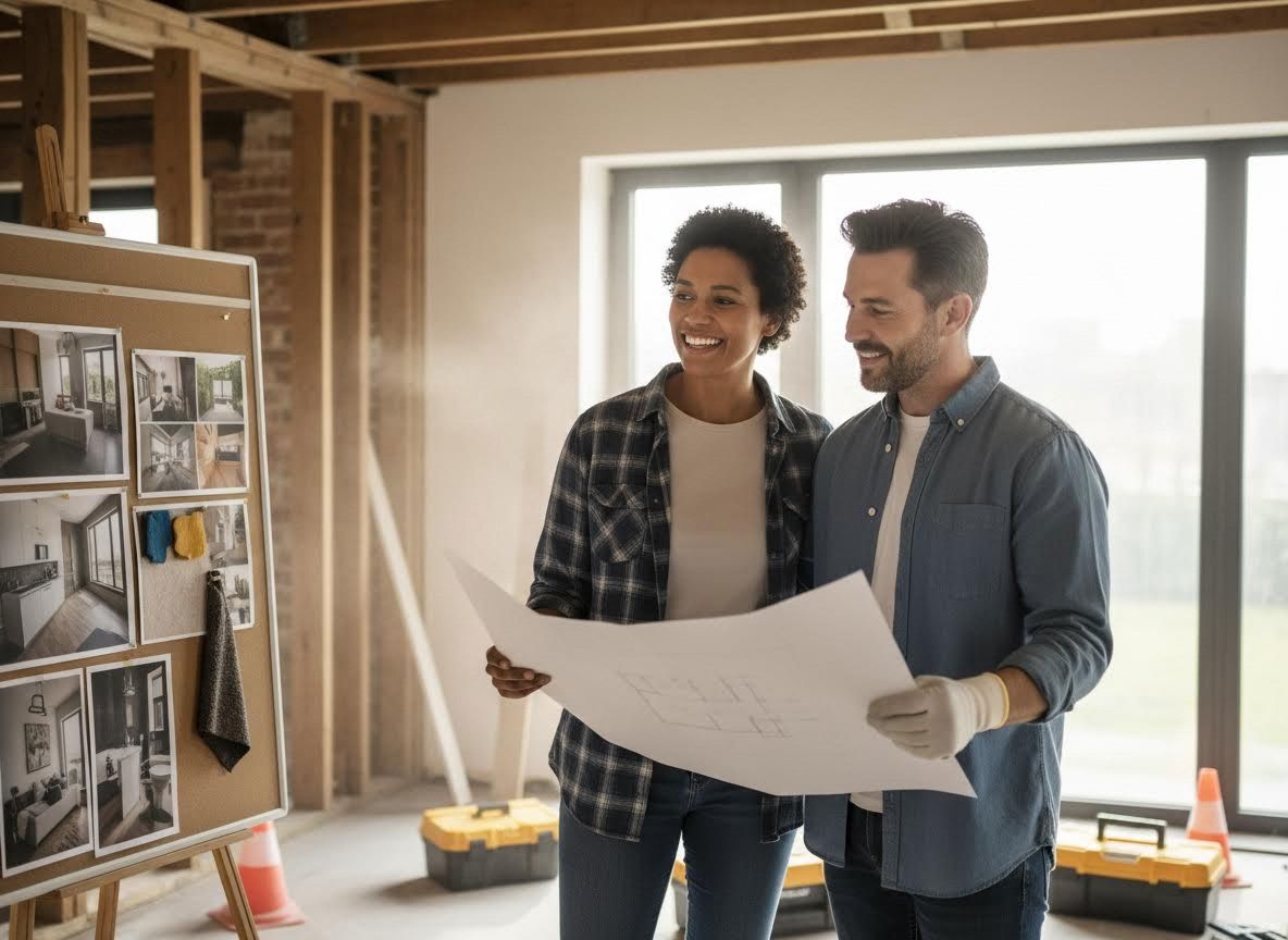 Couple reviewing home renovation blueprints