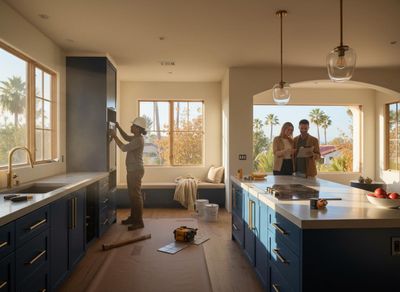 Kitchen Renovation in Progress with Homeowners and Worker
