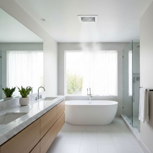 A bright, airy bathroom featuring a large freestanding soaking tub under a window. A long wood-faced vanity with a marble top sits to the left, and a recessed vent in the ceiling is shown extracting steam.