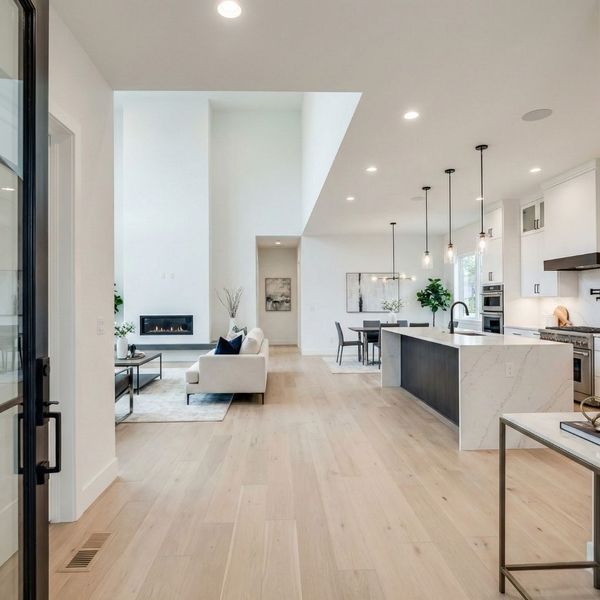 A professional, high-end real estate shot of a modern open home.