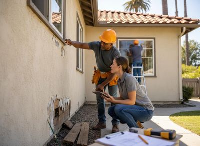Contractors Inspecting House Stucco Damage