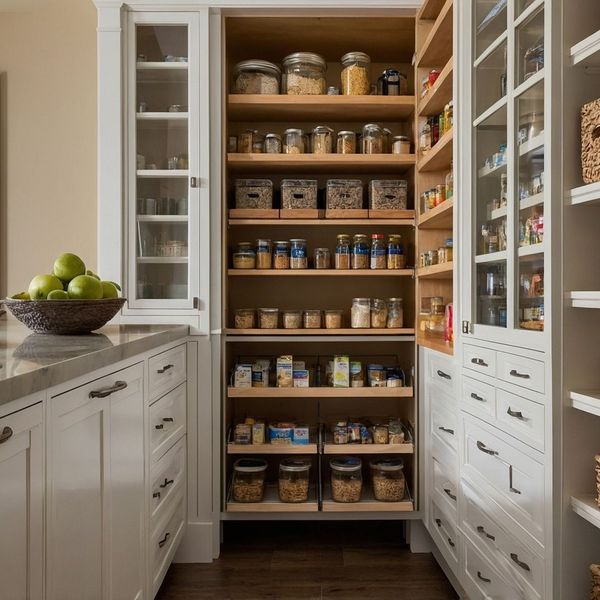 Custom kitchen storage solution showing an organized pantry in a renovated kitchen.