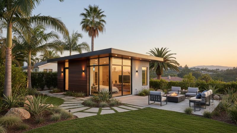 A luxury modern detached accessory dwelling unit in a San Diego backyard with professional landscaping. A luxury modern detached accessory dwelling unit in a San Diego backyard with professional landscaping.