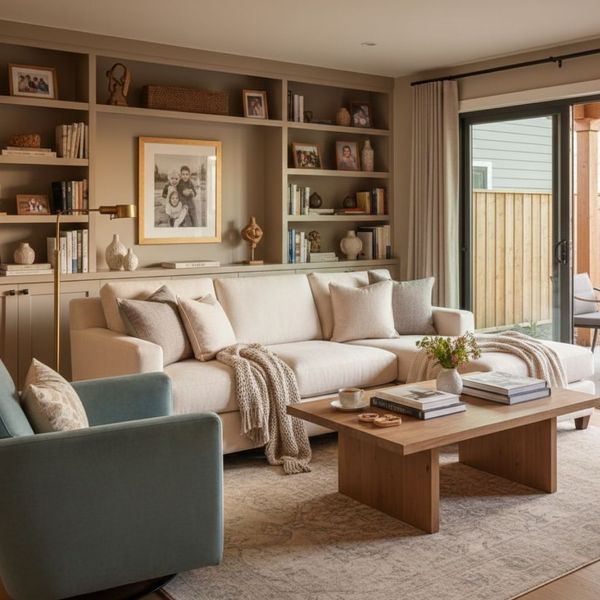 Cozy and elegant living room inside an ADU designed for multi-generational living.
