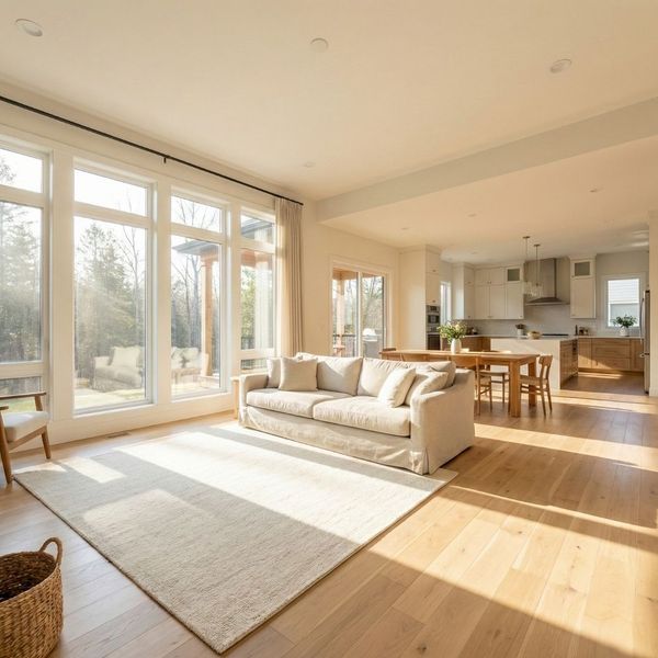 Sun-drenched, expansive open living area with large windows.