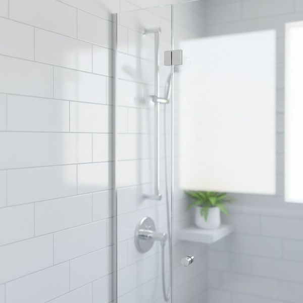 A soft-focus view of a shower area with white subway tile. A glass shower door is visible, along with a chrome shower head and a small potted plant on a corner shelf in the background.