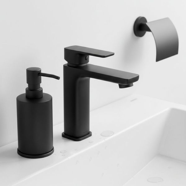 A minimalist bathroom sink area featuring a matte black faucet and matching soap dispenser against a clean white countertop and wall.