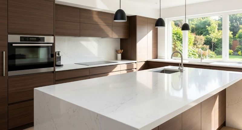 modern kitchen with waterfall island countertops 