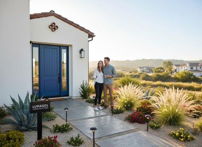 Smiling couple outside a new Lunasol Construction home