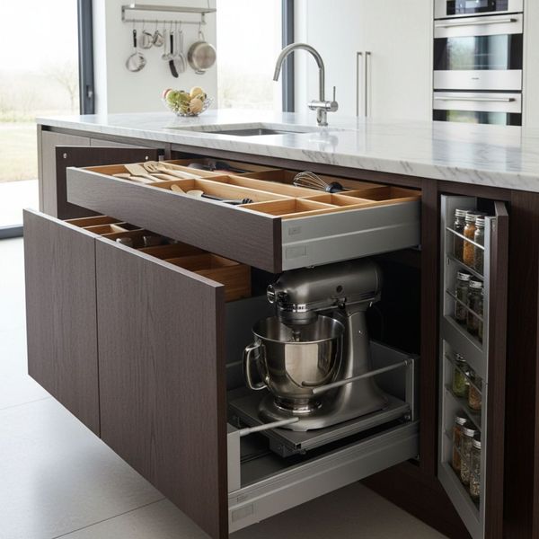 A close-up of a dark wood kitchen island with multiple functional pull-outs. A large drawer is open to reveal built-in wooden utensil dividers, while a lower pull-out shelf holds a heavy-duty silver stand mixer. A slim side-cabinet is open, showing a tiere