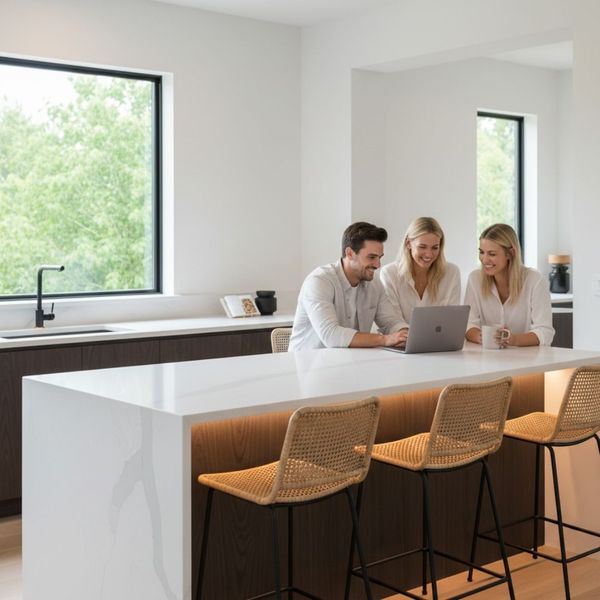 Three people sit at a sleek white kitchen island, looking at a laptop and smiling. The kitchen is bright with large windows, minimalist dark lower cabinets, and woven barstools with black legs.