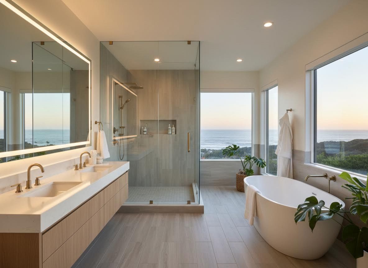 Modern Ocean View Bathroom with Freestanding Tub and Walk-in Shower