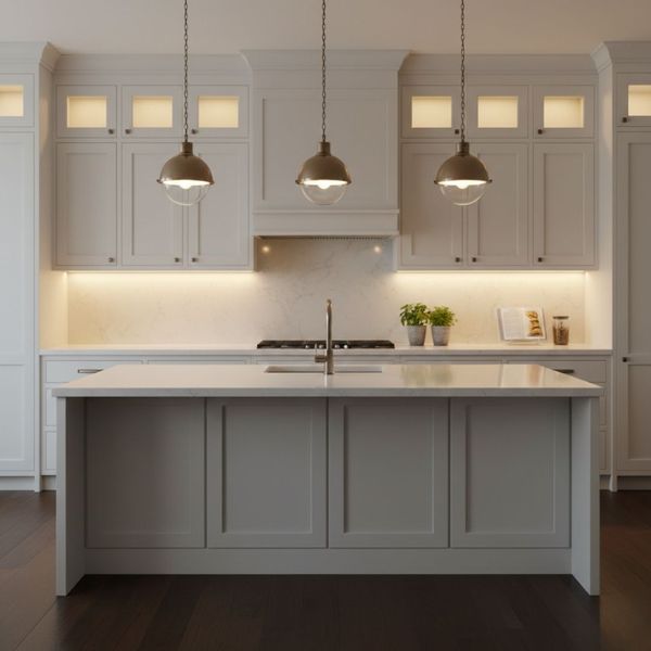Elegant kitchen lighting design featuring pendant fixtures and under-cabinet task lights.