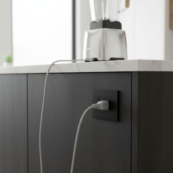 A detailed shot of the side of a dark wood kitchen island cabinet. A matte black electrical outlet is mounted on the wood panel, with a white cord from a silver blender on the counter plugged into it.