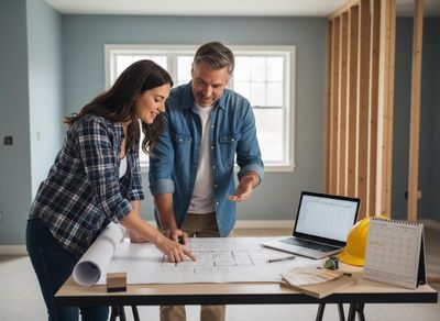A smiling man and woman discuss home renovation blueprints on a table with a laptop and hard hat in an unfinished room. Couple reviewing home renovation blueprints