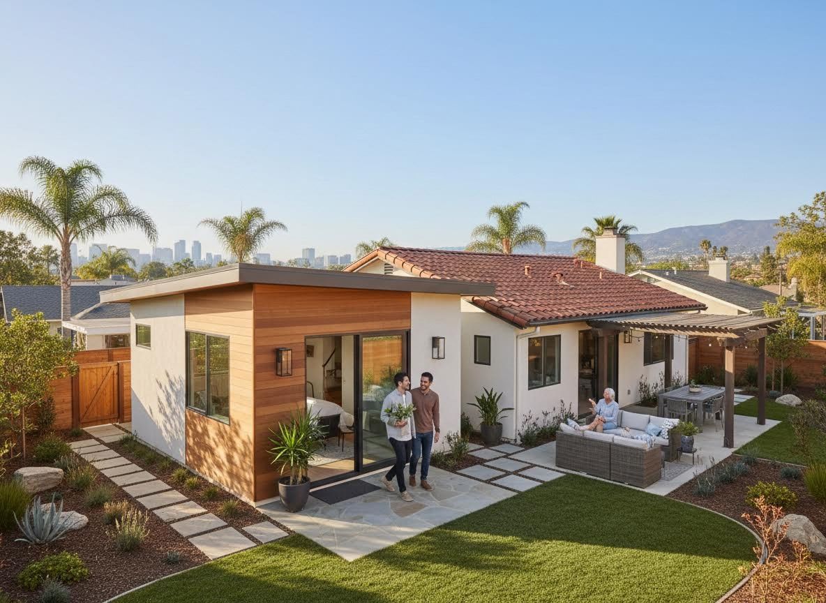 Residential Backyard with Modern ADU, Patio, and Family