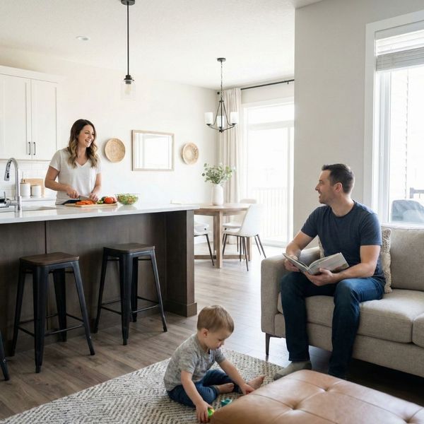 Family interacting between the kitchen and living room