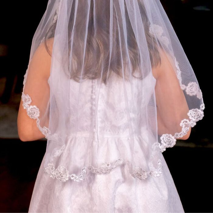 girl wearing a floral veil and dress