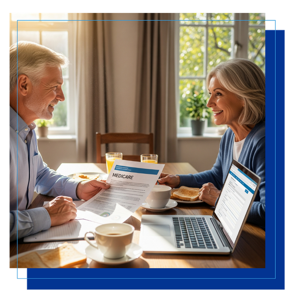 older couple looking over Medicare options at dining room table