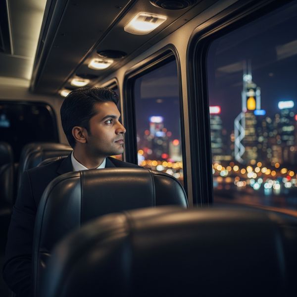 a man looking out the window on a shuttle bus Choosing the Right Vehicle (2).jpeg