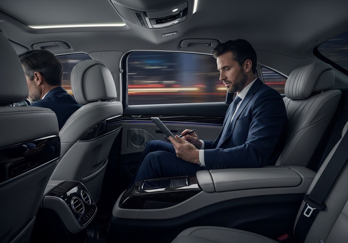 Executive working on tablet in luxury car