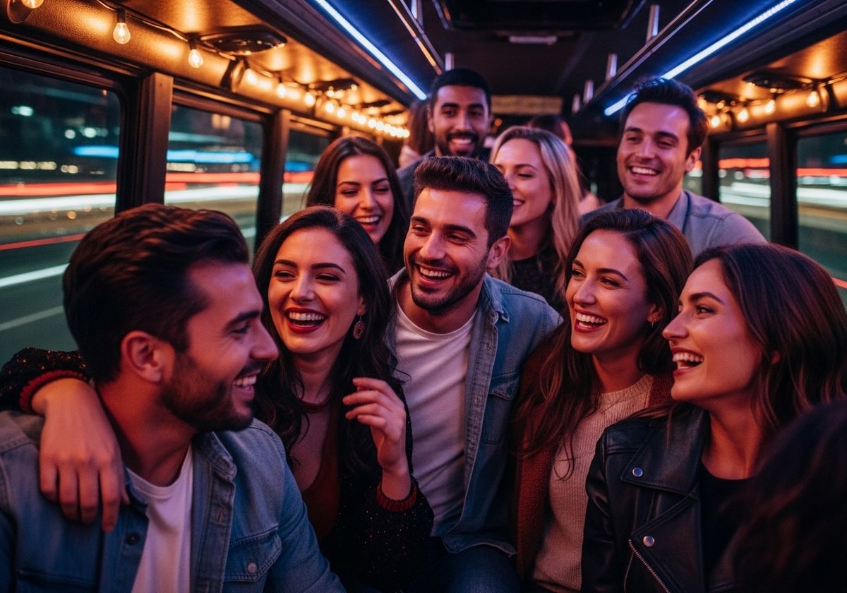 Group of friends laughing together on a party bus