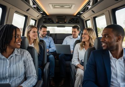 A group of diverse business professionals are riding in a luxury van, with two men working on a laptop in the middle row and everyone smiling and looking at each other. Diverse Group in Luxury Van