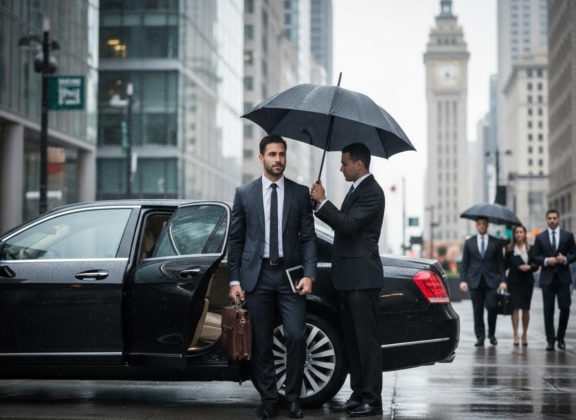 Businessman exiting luxury car in rain with chauffeur and umbrella