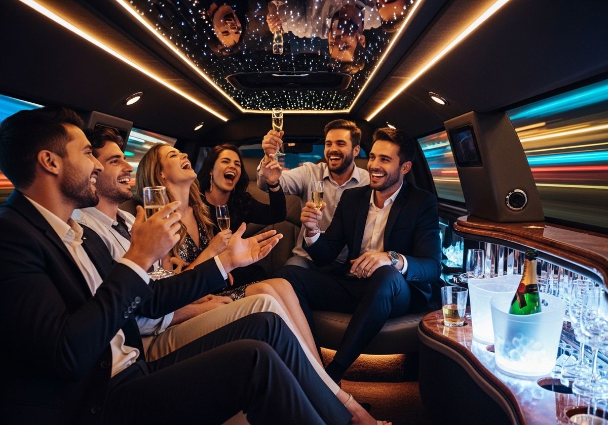 Group of friends celebrating in a limousine