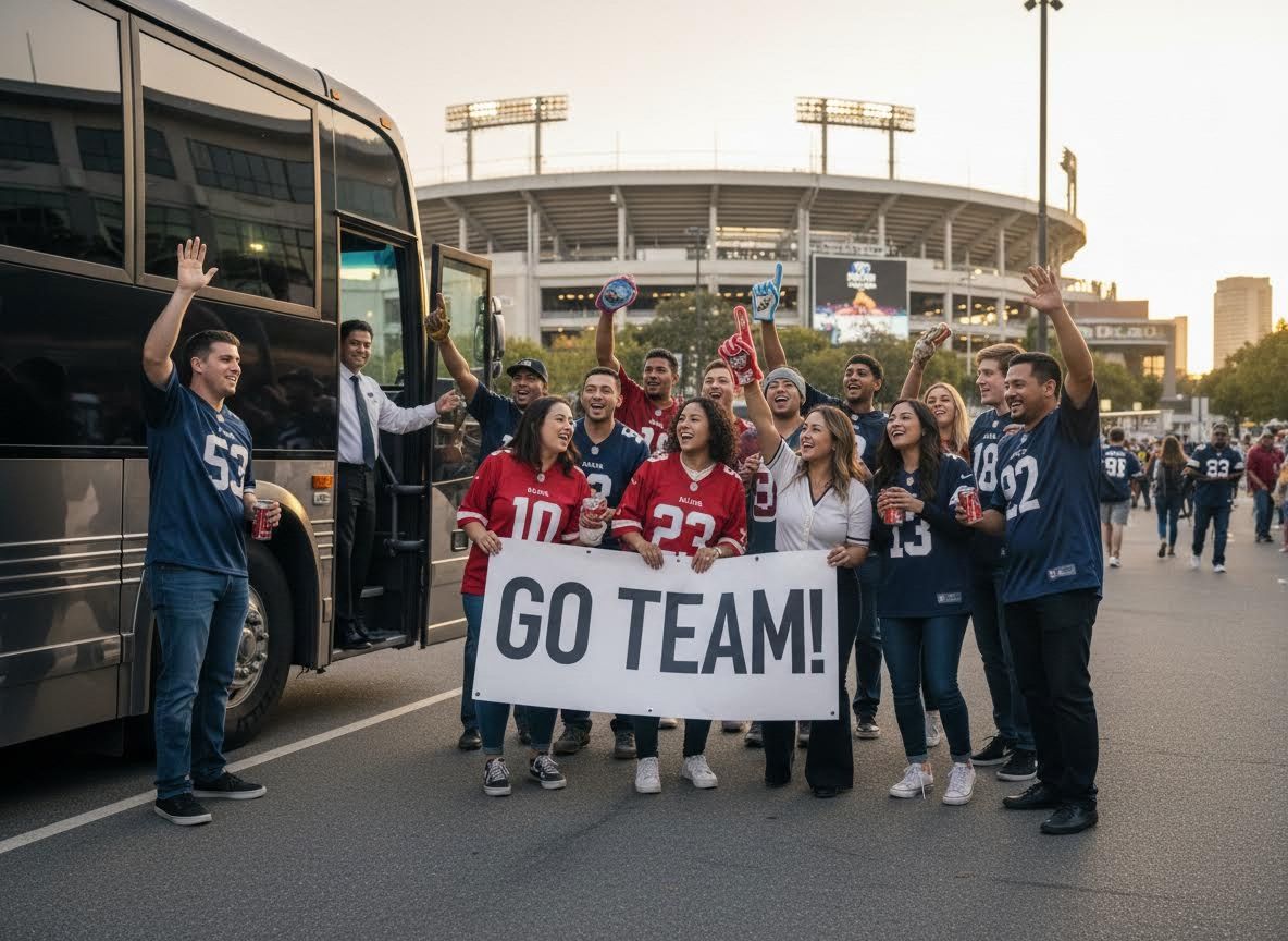Excited Football Fans Arriving at Stadium by Bus