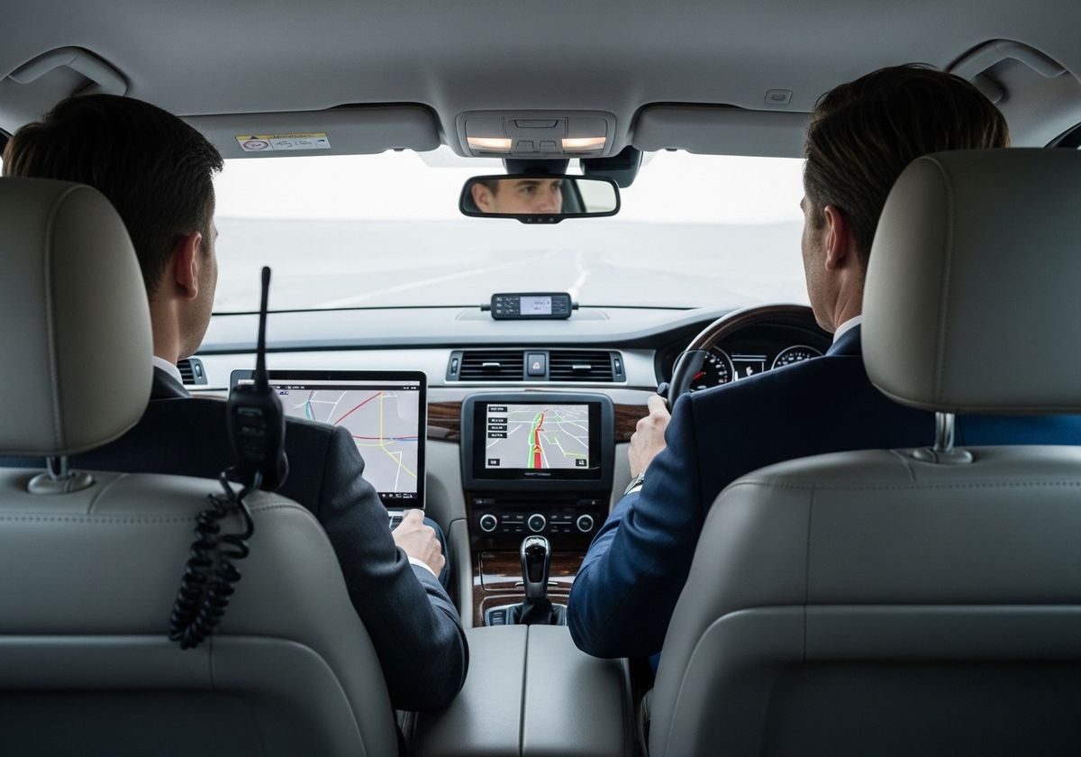 Two men in a car with navigation systems