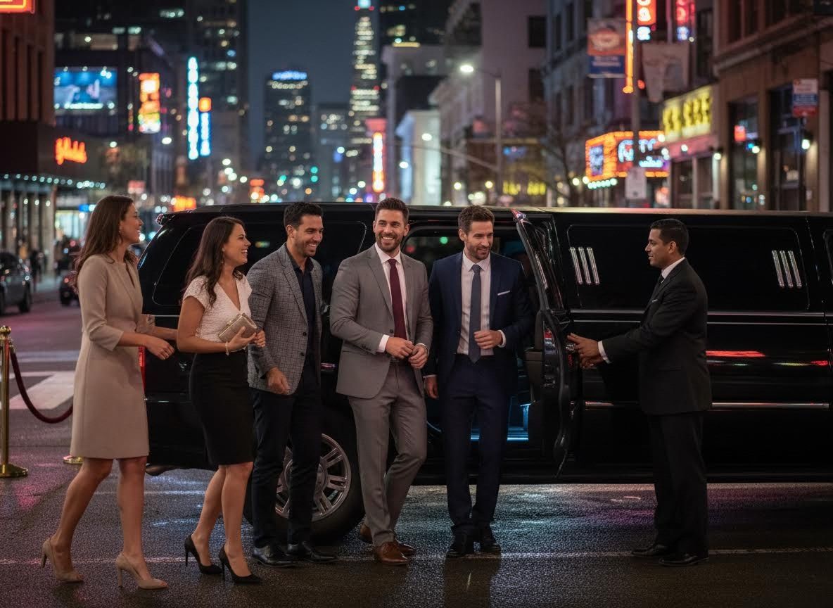 Well-dressed group arriving in a limousine at night