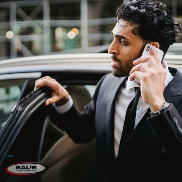 corporate businessman getting out of a car on a phone call