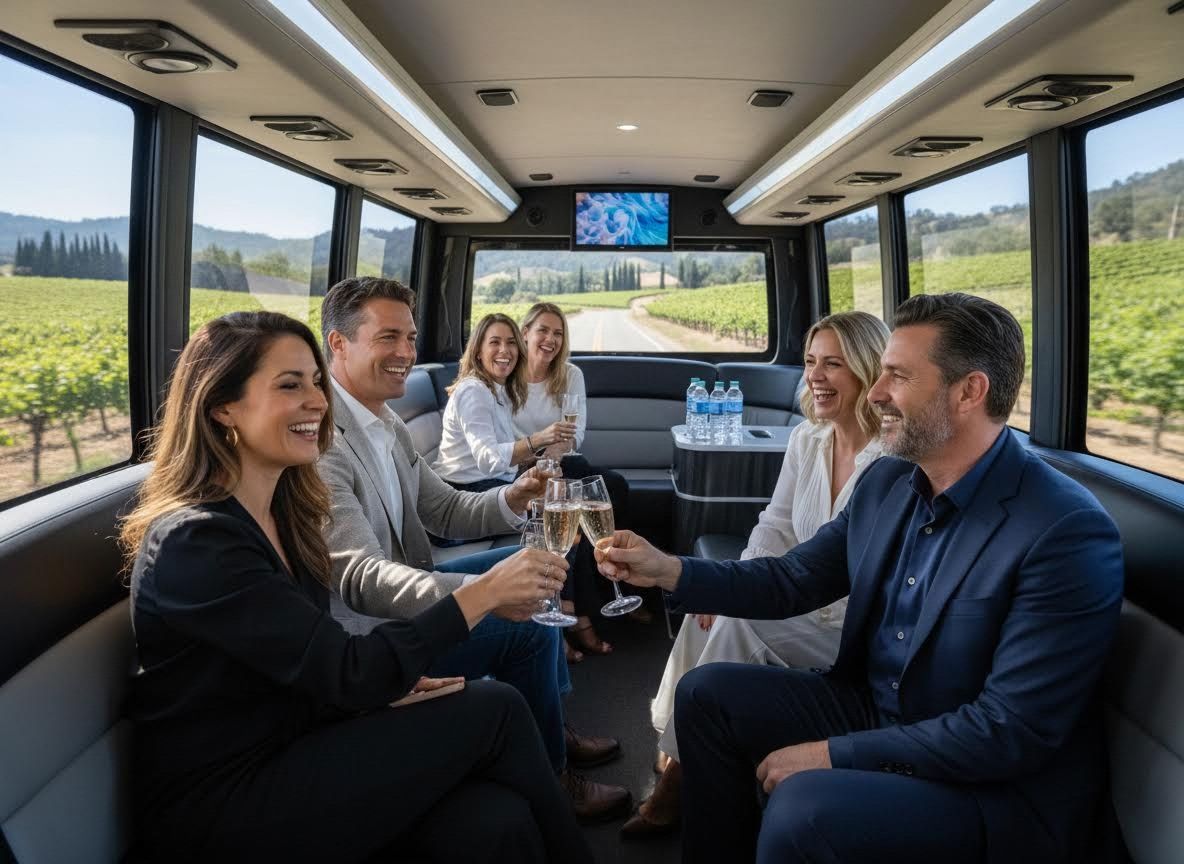 Friends toasting with champagne inside a luxury bus on a vineyard tour