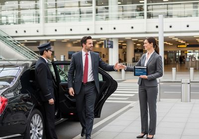 A smartly dressed businessman exits a black car at an airport, greeted by a chauffeur and a woman holding a tablet, likely confirming his transportation details. The scene exudes professionalism and convenience, typical of executive travel arrangements. Chauffeur Service Meeting at Airport