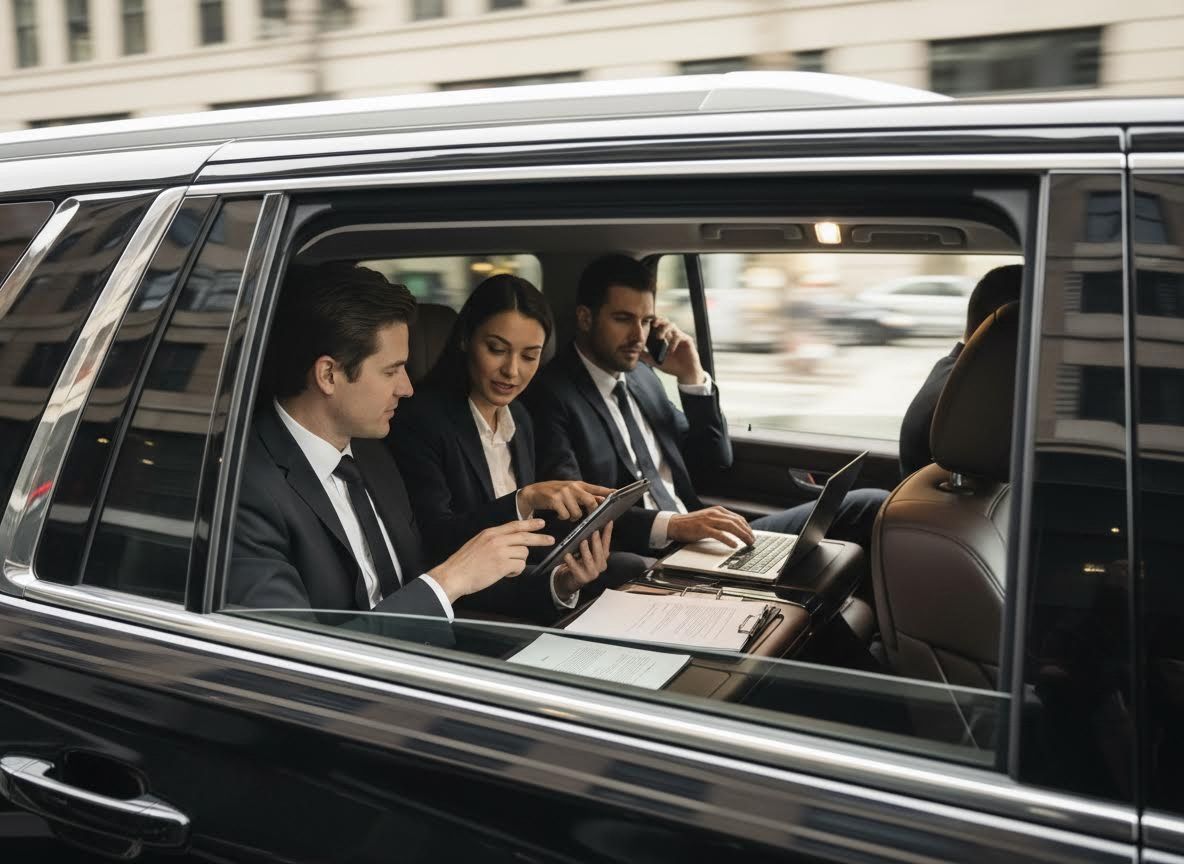 Business professionals working in luxury car