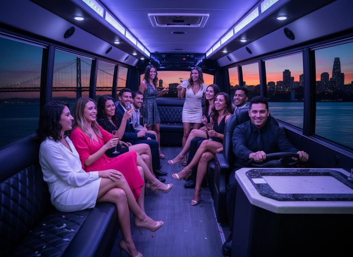 Friends Celebrating in a Party Bus with City View