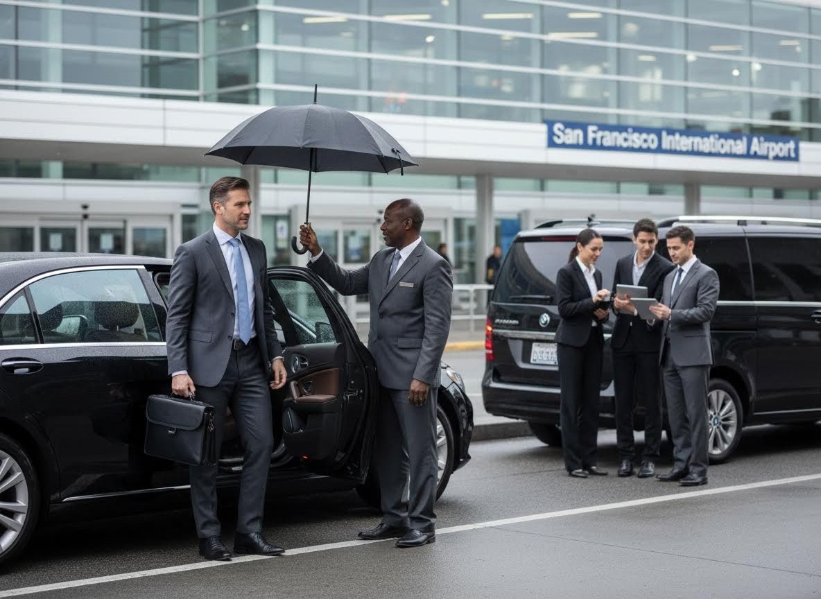 Chauffeur assisting businessman with umbrella at San Francisco International Airport