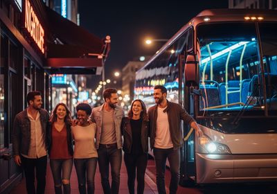 A group of six diverse friends stands together, laughing and smiling, beside a tour bus at night. The brightly lit cityscape provides a vibrant backdrop, hinting at the exciting urban exploration ahead. Friends embarking on a night tour bus adventure