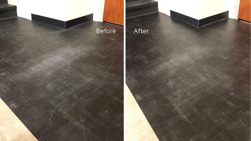 LVT restoration at a South Dakota K–12 school. Before treatment, the black tile showed visible scratches and scuffs. After full treatment, the surface had a significantly improved appearance. South Dakota B_A (1).jpg