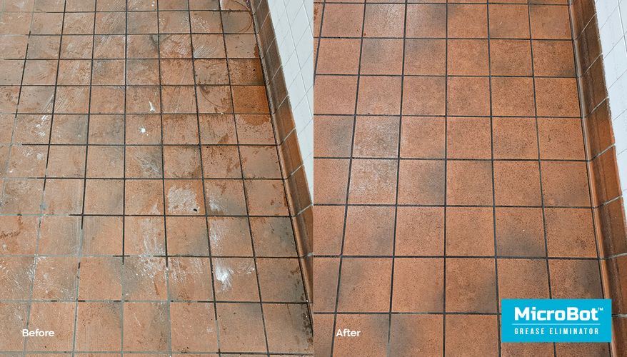 Side-by-side comparison of commercial restroom tile flooring showing heavy grease and organic soil buildup in grout lines before cleaning and visibly restored tile surface after treatment with Microbot Grease Eliminator microbial cleaner. Before and After Commercial Tile Floor Cleaning Using Microbot Grease Eliminator