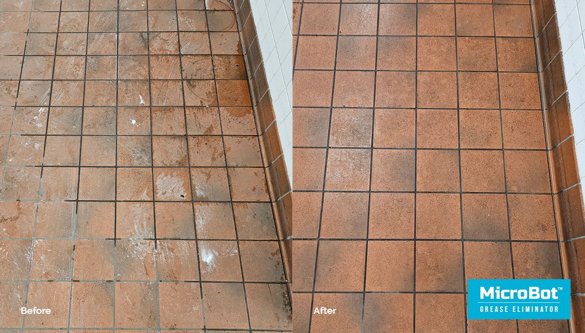 Before and After Commercial Tile Floor Cleaning Using Microbot Grease Eliminator
