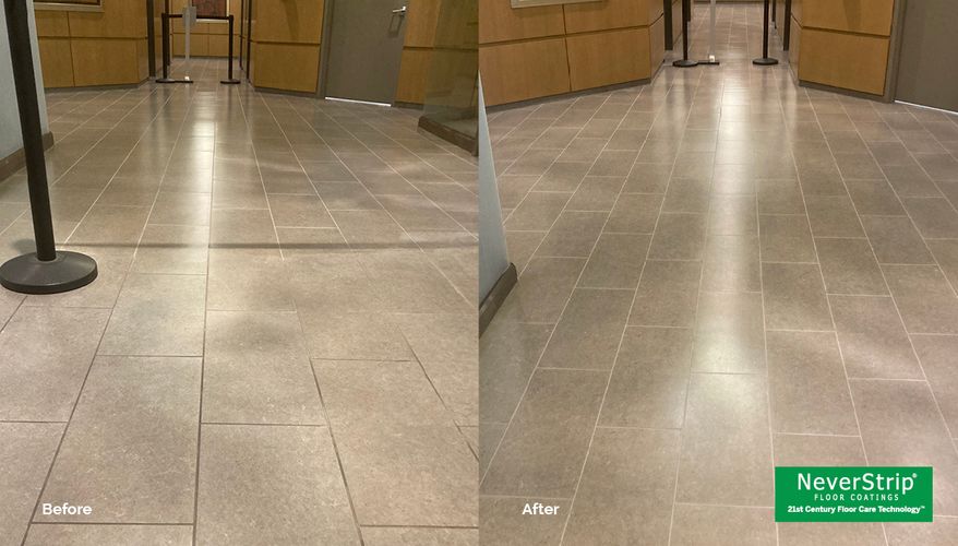 Before and after commercial tile floor showing improved appearance with NeverStrip Micron Sealer system reducing long-term maintenance disruptions. Micron Sealers Reduce Floor Maintenance Downtime in Commercial Facilities