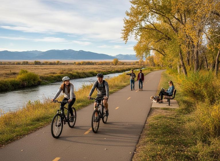 Outdoor Activities Along a River in Autumn