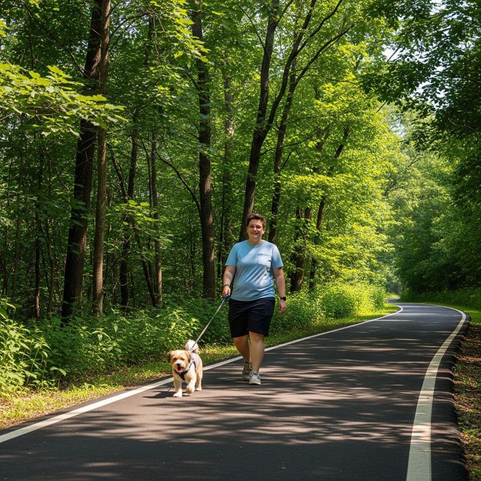 A person walking their small dog on a scenic nature path lined with trees. A person walking their small dog on a scenic nature path lined with trees.