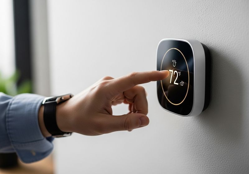 a hand adjusting a modern smart thermostat a hand adjusting a modern smart thermostat