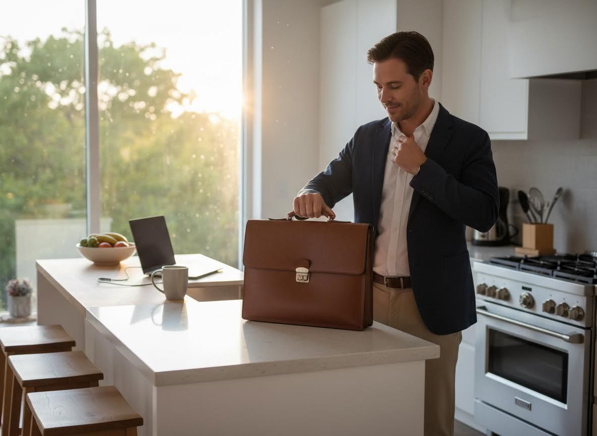 person who got home from work and puts their briefcase on the kitchen counter