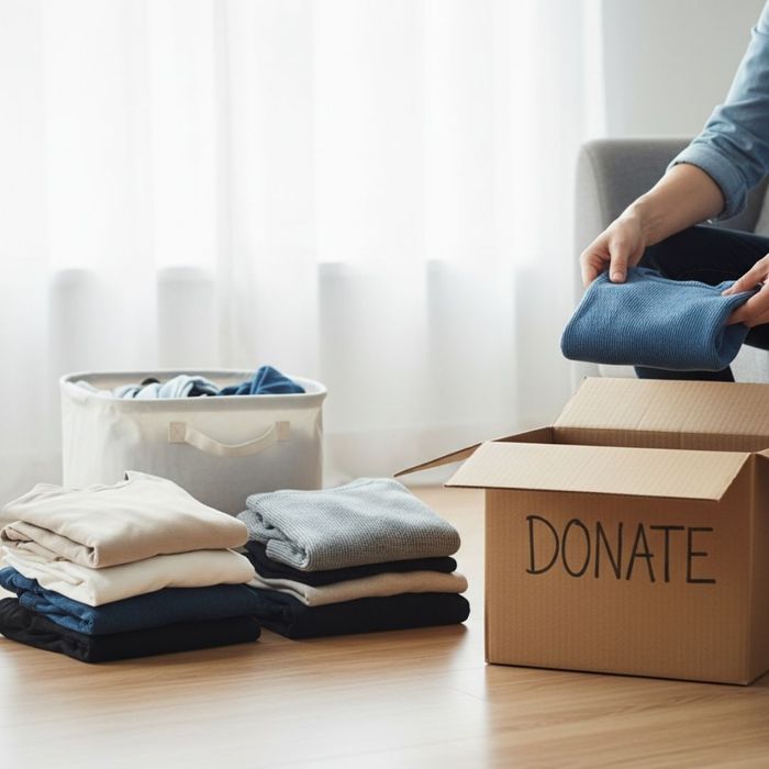 Person folding clothes to place into a cardboard box labeled "DONATE" for decluttering. Person folding clothes to place into a cardboard box labeled "DONATE" for decluttering.