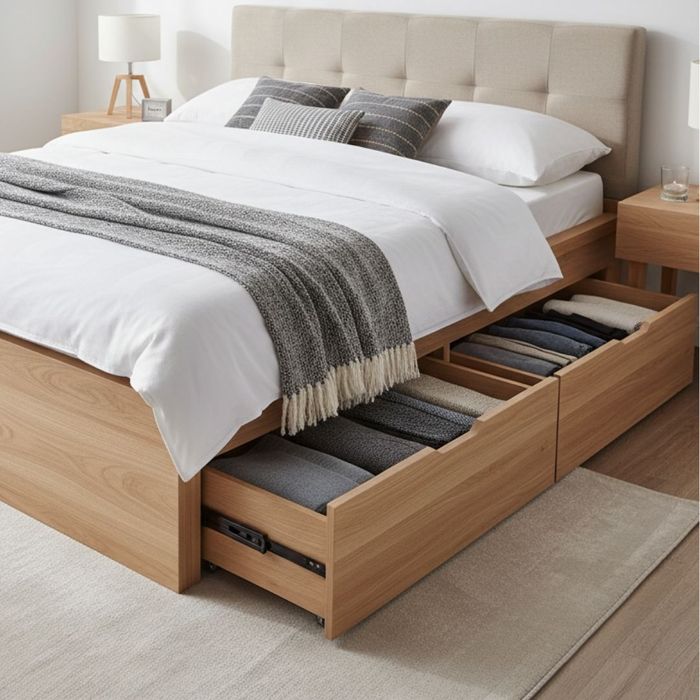 bed with built-in drawers that are open